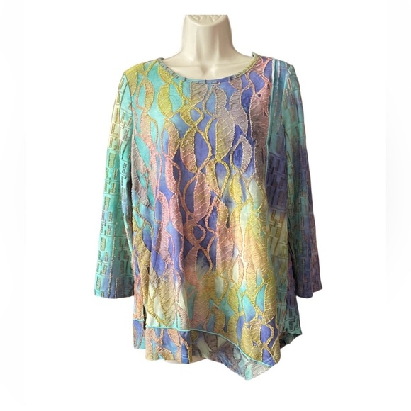Ali Miles Womens Blouse Size Medium Artsy Textured Asymmetrical Hem Multicolor - Picture 1 of 7